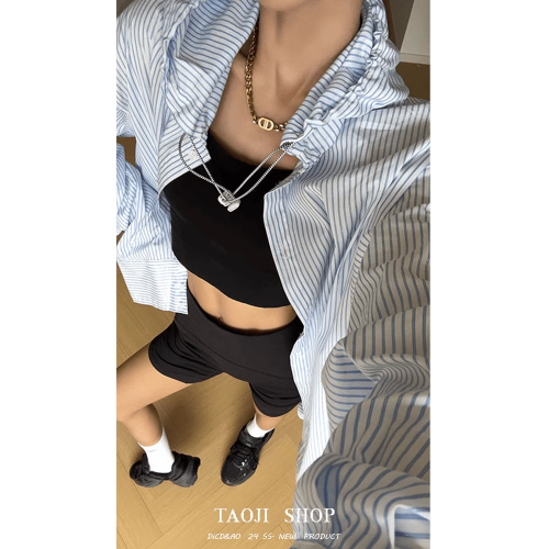 韓版寬鬆條紋連帽防曬襯衫外套女春夏新款慵懶風百搭長袖襯衣上衣