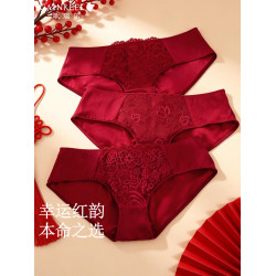 歌瑞爾純欲蕾絲本命年紅色內褲女結婚新婚中低腰性感親膚平角底褲