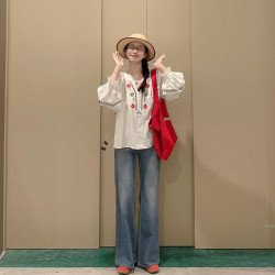 歡簡韻文藝綉花套頭襯衫女夏秋季新款設計感寬鬆休閒長袖防曬襯衣