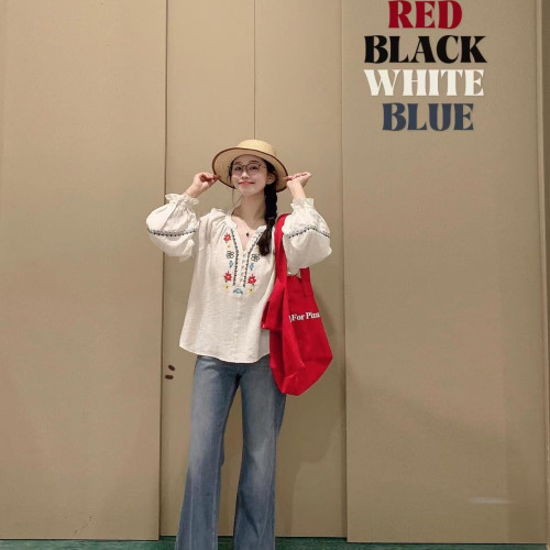 歡簡韻文藝綉花套頭襯衫女夏秋季新款設計感寬鬆休閒長袖防曬襯衣