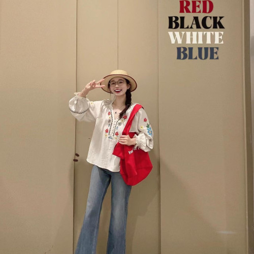 歡簡韻文藝綉花套頭襯衫女夏秋季新款設計感寬鬆休閒長袖防曬襯衣