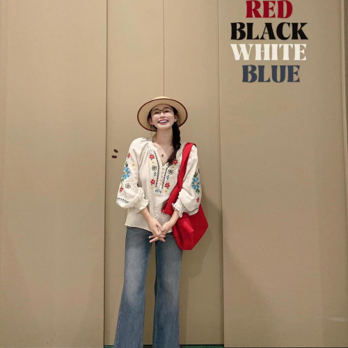 歡簡韻文藝綉花套頭襯衫女夏秋季新款設計感寬鬆休閒長袖防曬襯衣