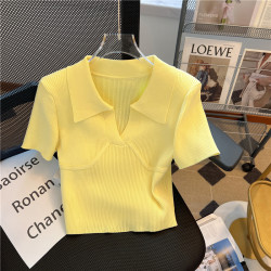 撿漏專櫃撤廻小香風黃色Polo領短袖T恤女夏季新款高腰露臍短上衣