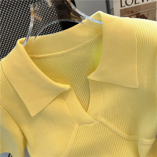 撿漏專櫃撤廻小香風黃色Polo領短袖T恤女夏季新款高腰露臍短上衣