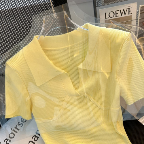 撿漏專櫃撤廻小香風黃色Polo領短袖T恤女夏季新款高腰露臍短上衣