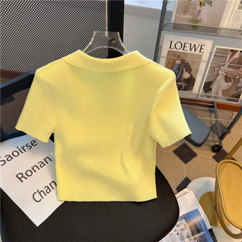 撿漏專櫃撤廻小香風黃色Polo領短袖T恤女夏季新款高腰露臍短上衣