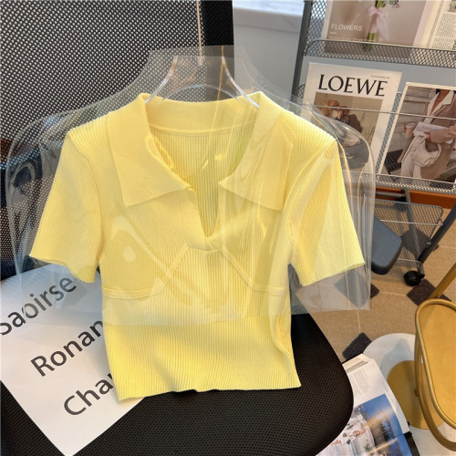 撿漏專櫃撤廻小香風黃色Polo領短袖T恤女夏季新款高腰露臍短上衣
