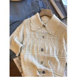 絕，純正的S*ndro單！！法式波浪邊重工縷空鉤花銀釦針織短袖開衫