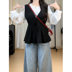 高級感圓領長袖襯衫大碼女裝2026秋季胖mm收腰顯瘦洋氣假兩件上衣