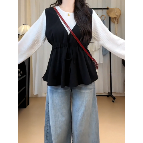 高級感圓領長袖襯衫大碼女裝2026秋季胖mm收腰顯瘦洋氣假兩件上衣