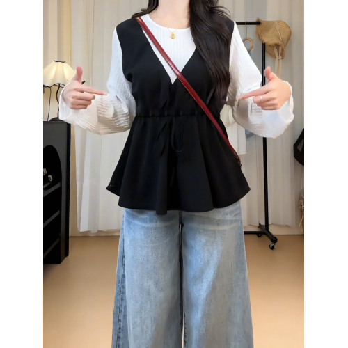 高級感圓領長袖襯衫大碼女裝2026秋季胖mm收腰顯瘦洋氣假兩件上衣