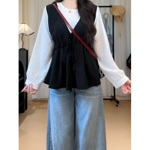 高級感圓領長袖襯衫大碼女裝2026秋季胖mm收腰顯瘦洋氣假兩件上衣