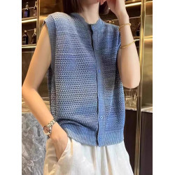 暈染設計感上衣針織開衫顯瘦無袖背心寬鬆休閒鏤空時尚洋氣舒適女