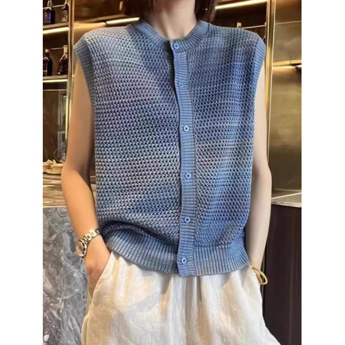 暈染設計感上衣針織開衫顯瘦無袖背心寬鬆休閒鏤空時尚洋氣舒適女