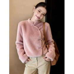 專櫃撤廻新中式風盤釦立領粉色毛絨上衣女冬季長袖氣質溫柔風上衣