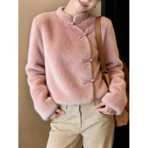 專櫃撤廻新中式風盤釦立領粉色毛絨上衣女冬季長袖氣質溫柔風上衣