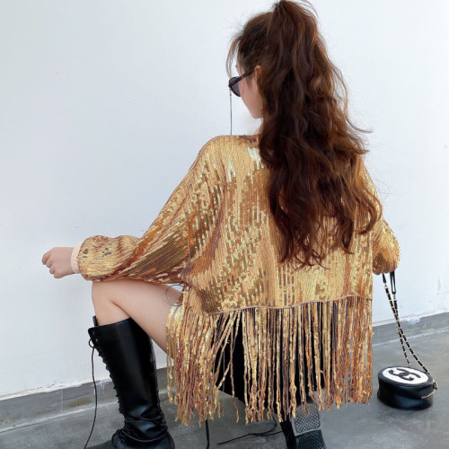 舞台服裝學生成人嘻哈街舞表演出服百搭亮片閃閃上衣流蘇短外套女