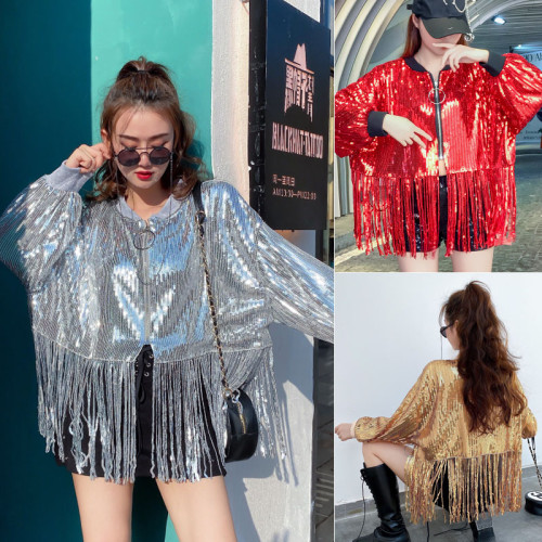 舞台服裝學生成人嘻哈街舞表演出服百搭亮片閃閃上衣流蘇短外套女