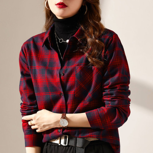 磨毛格子襯衫女長袖2022春季新款設計感小衆上衣休閒百搭襯衣外套