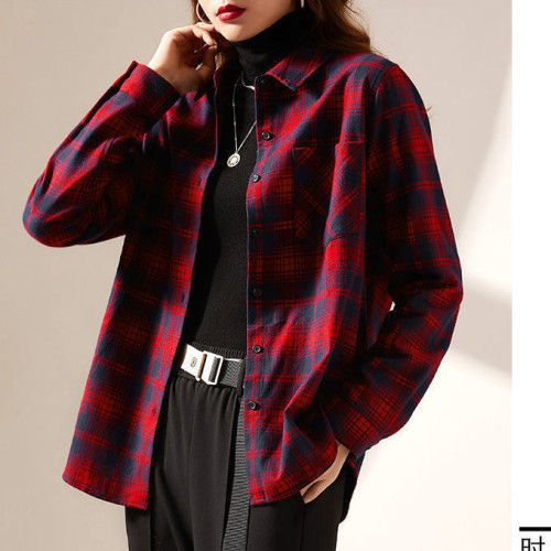 磨毛格子襯衫女長袖2022春季新款設計感小衆上衣休閒百搭襯衣外套
