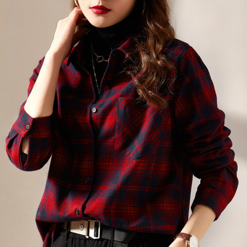 磨毛格子襯衫女長袖2022春季新款設計感小衆上衣休閒百搭襯衣外套