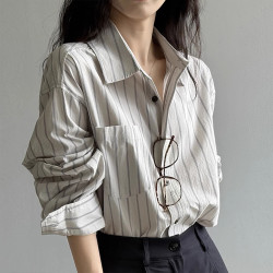 法式復古高級感條紋長袖襯衫女秋季新款時尚通勤寬鬆慵懶減齡上衣