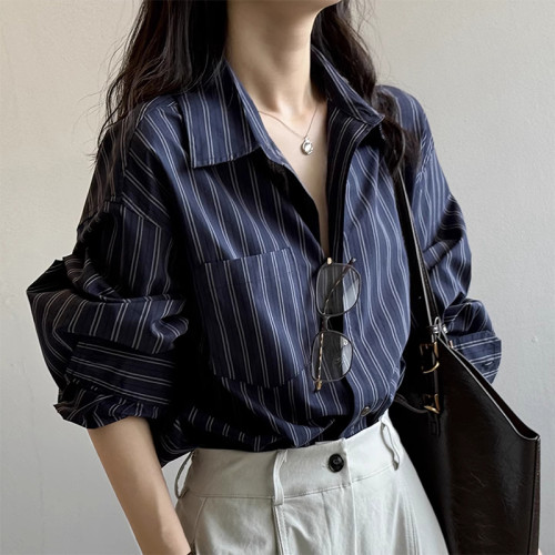 法式復古高級感條紋長袖襯衫女秋季新款時尚通勤寬鬆慵懶減齡上衣