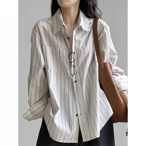 法式復古高級感條紋長袖襯衫女秋季新款時尚通勤寬鬆慵懶減齡上衣