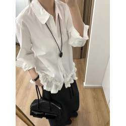 正確版】慵懶甜心 法式宮廷風抽褶木耳邊長袖襯衫女設計感上衣
