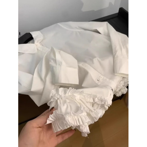 正確版】慵懶甜心 法式宮廷風抽褶木耳邊長袖襯衫女設計感上衣