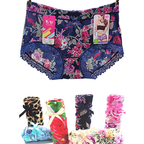 彩田冰絲內褲女士中腰30605薄蕾絲邊速乾抑菌高腰30606大碼組合裝
