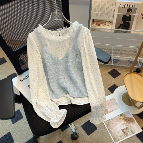 專櫃撤廻剪標甜美減齡碎花針織背心兩件套女春季新款獨特別致襯衫