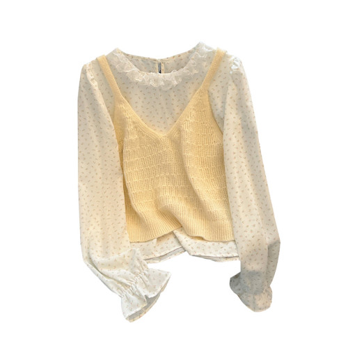 專櫃撤廻剪標甜美減齡碎花針織背心兩件套女春季新款獨特別致襯衫