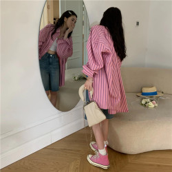 粉色撞色竪條紋襯衫女春夏新款中長款寬鬆大版oversize薄款外套