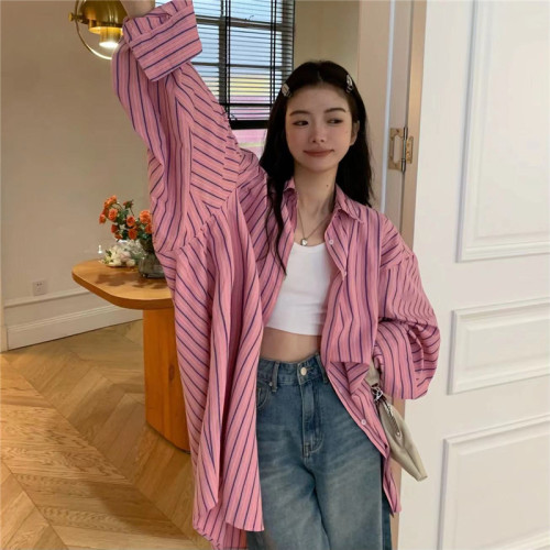 粉色撞色竪條紋襯衫女春夏新款中長款寬鬆大版oversize薄款外套