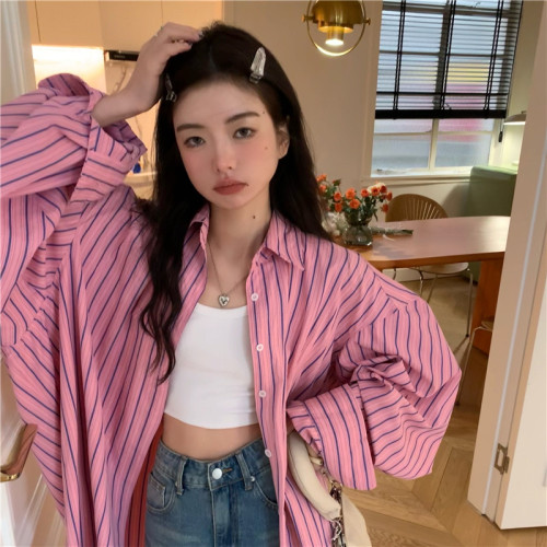 粉色撞色竪條紋襯衫女春夏新款中長款寬鬆大版oversize薄款外套