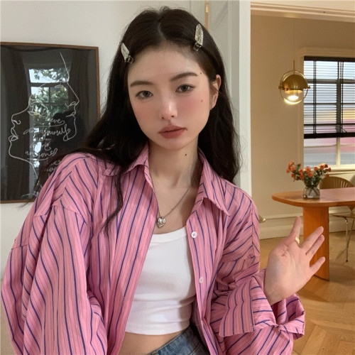 粉色撞色竪條紋襯衫女春夏新款中長款寬鬆大版oversize薄款外套
