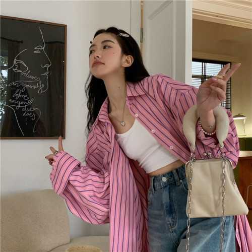 粉色撞色竪條紋襯衫女春夏新款中長款寬鬆大版oversize薄款外套