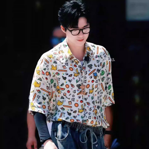 劉宇甯同款襯衫創意塗鴉滿印碎花短袖寬鬆休閒百搭半袖度假風襯衣