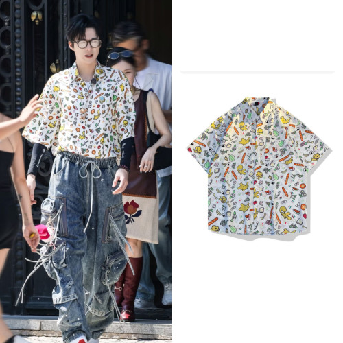 劉宇甯同款襯衫創意塗鴉滿印碎花短袖寬鬆休閒百搭半袖度假風襯衣