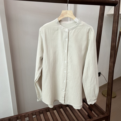 日單2色棉麻立領長袖襯衫女寬鬆開衫通勤上衣襯衣