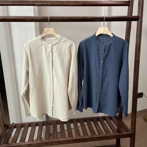 日單2色棉麻立領長袖襯衫女寬鬆開衫通勤上衣襯衣