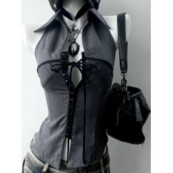 美式復古著vintage氣質條紋立領無袖襯衫上衣收腰古早千禧辣妹y2k