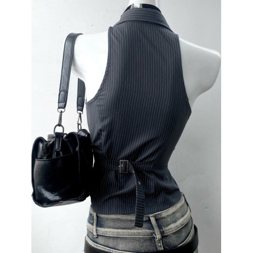 美式復古著vintage氣質條紋立領無袖襯衫上衣收腰古早千禧辣妹y2k