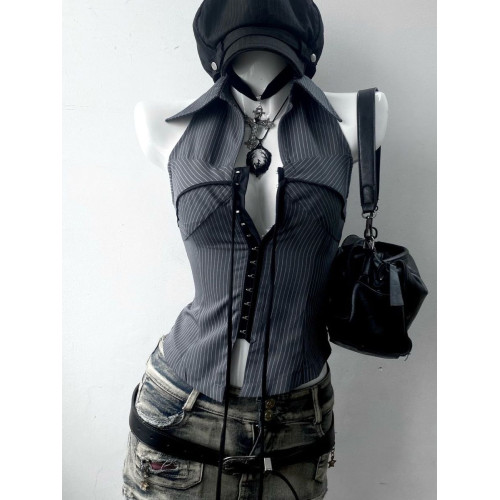 美式復古著vintage氣質條紋立領無袖襯衫上衣收腰古早千禧辣妹y2k