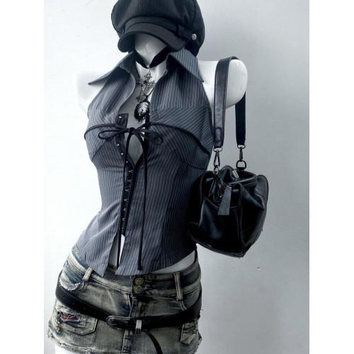 美式復古著vintage氣質條紋立領無袖襯衫上衣收腰古早千禧辣妹y2k