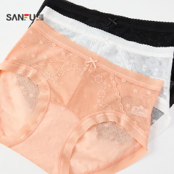 三福中腰包臀內褲女本命年紅色內褲蕾絲拼接透氣半平角褲505965