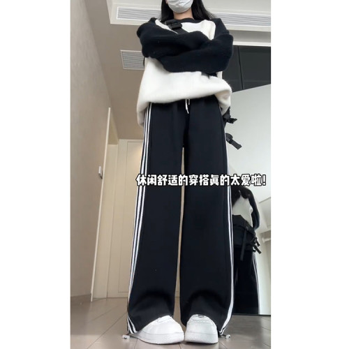 黑色三杠條紋運動褲女春夏季2026新款高腰百搭小個子美式束腳衛褲