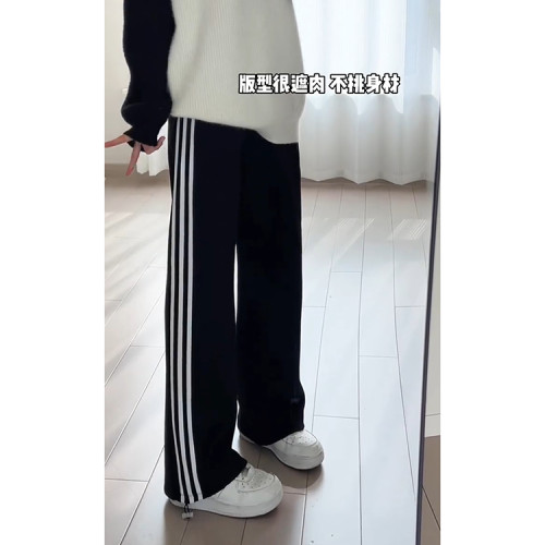 黑色三杠條紋運動褲女春夏季2026新款高腰百搭小個子美式束腳衛褲