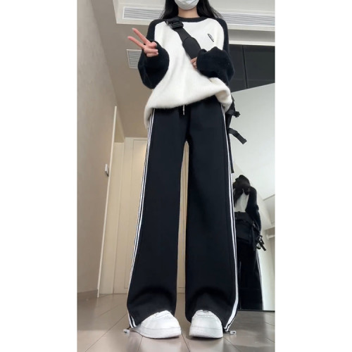 黑色三杠條紋運動褲女春夏季2026新款高腰百搭小個子美式束腳衛褲